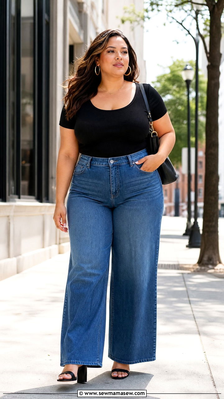 Plus Size Sweetheart Neckline Top With Wide Leg Jeans - 20 plus size sweetheart neckline top outfit ideas