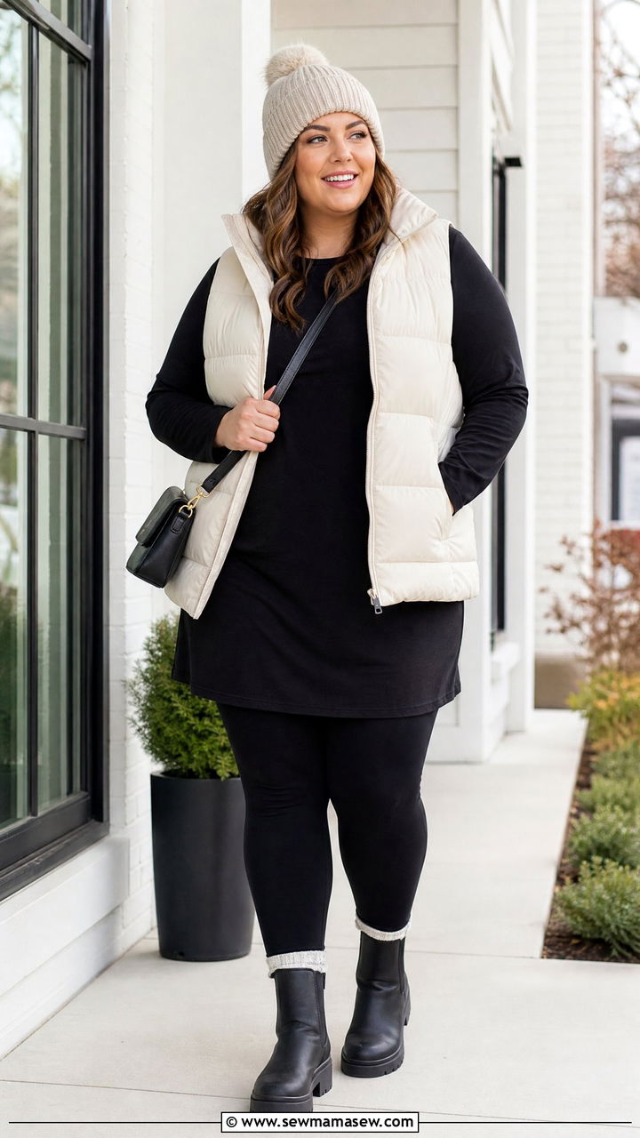 Plus Size T Shirt Dress With Puffer Vest - 20 plus size t-shirt dress outfit ideas