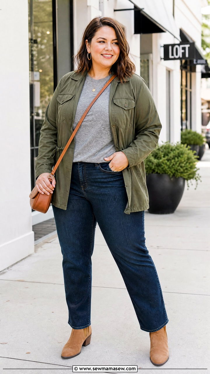 Plus Size T Shirt With Utility Jacket And Jeans - 20 plus size t shirt outfit ideas