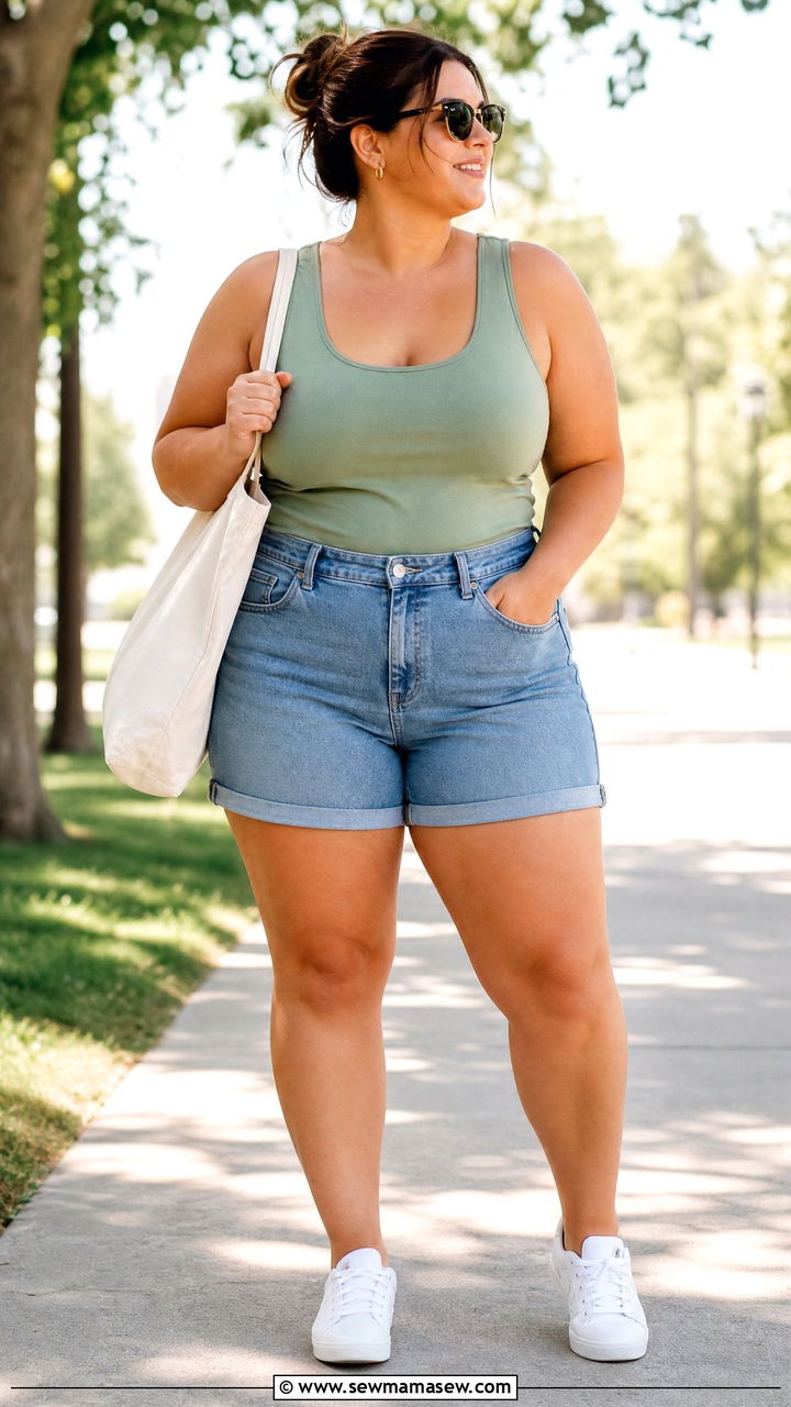 Plus Size Tank Top With Denim Shorts - 20 plus size tank top outfit ideas