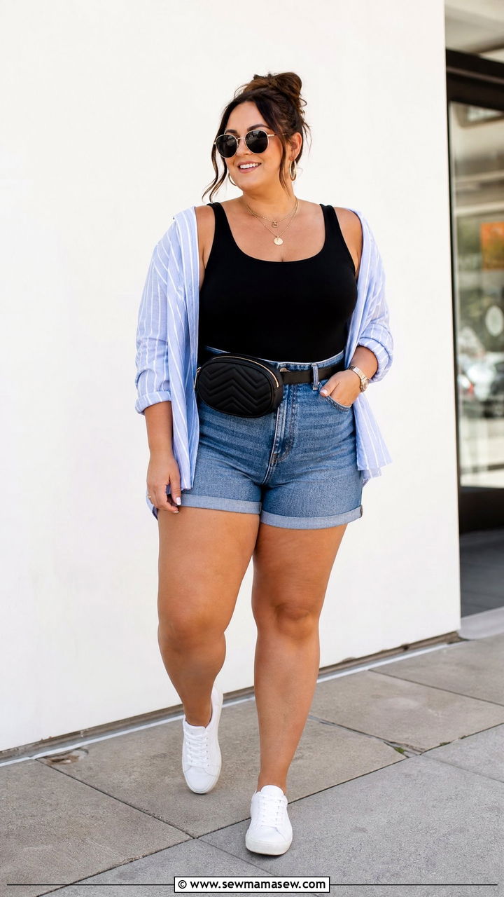 Plus Size Tank Top With Denim Shorts - 20 plus size casual tank top outfit ideas