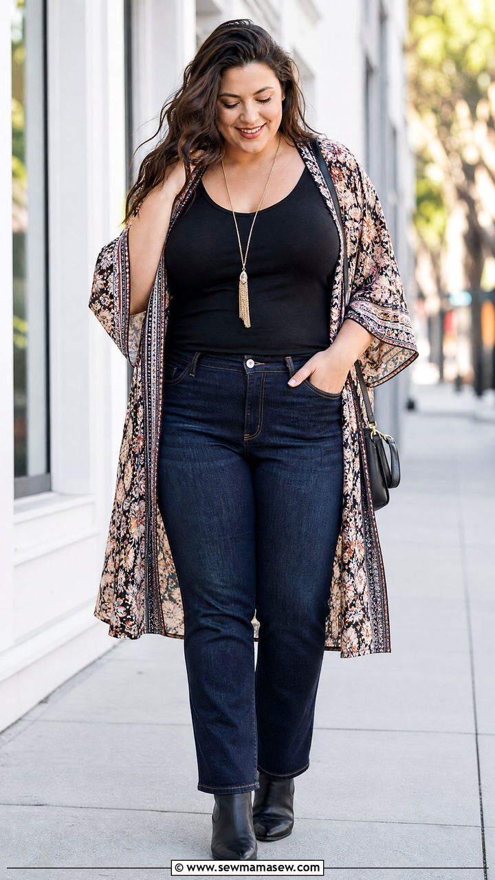 Plus Size Tank Top With Kimono And Jeans - 20 plus size tank top outfit ideas