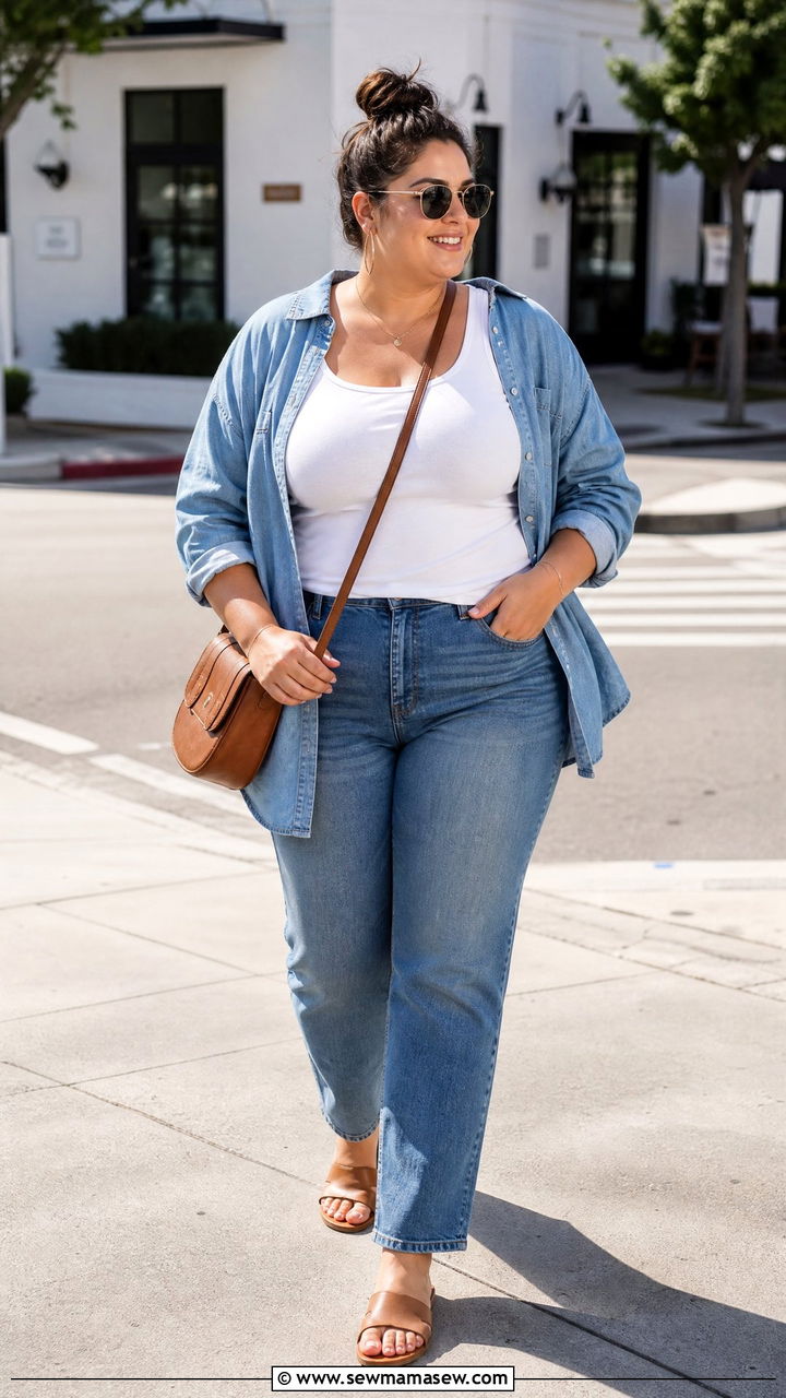 Plus Size Tank Top With Open Button Down Shirt - 20 plus size casual tank top outfit ideas