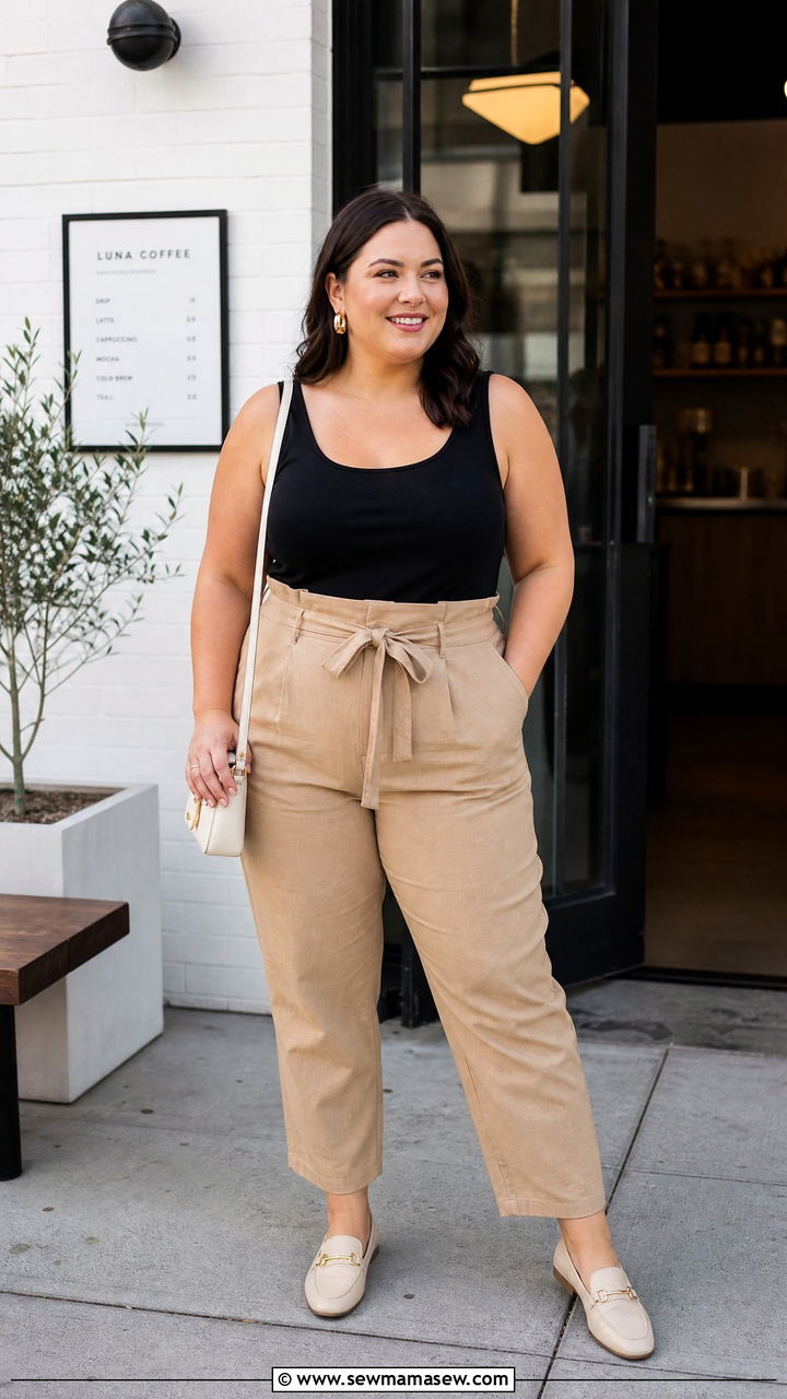 Plus Size Tank Top With Paperbag Waist Pants - 20 plus size casual tank top outfit ideas