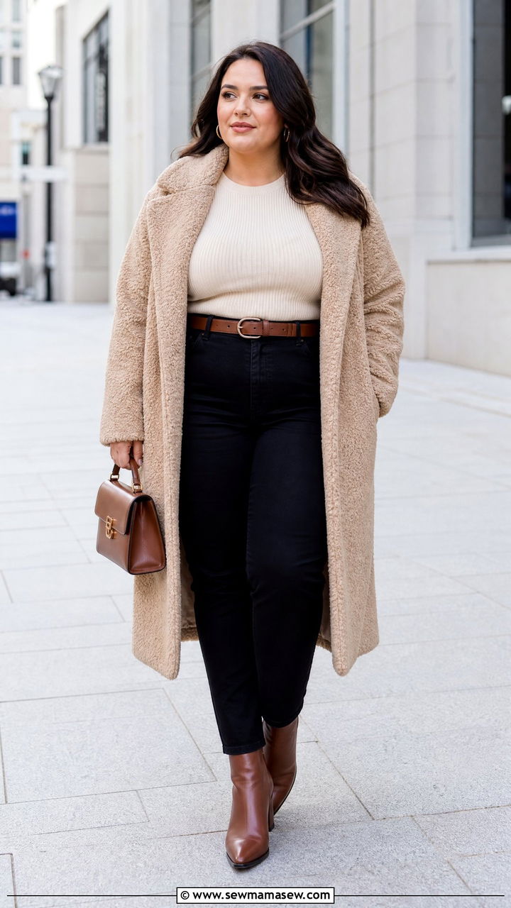 Plus Size Teddy Coat With Belted Outfit - 20 plus size teddy coat outfit ideas