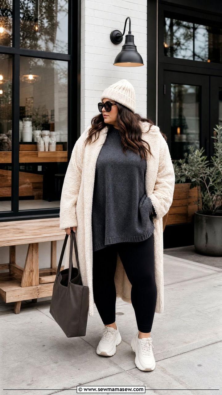 Plus Size Teddy Coat With Black Leggings - 20 plus size teddy coat outfit ideas