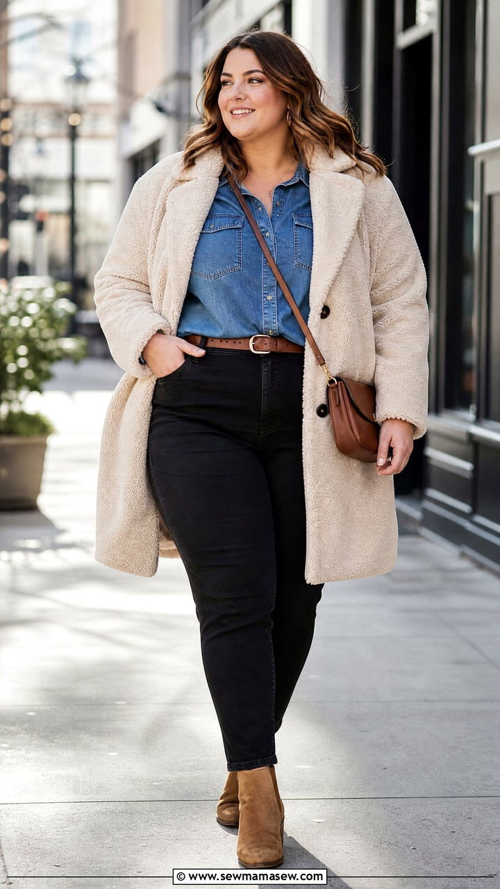 Plus Size Teddy Coat With Denim Shirt - 20 plus size teddy coat outfit ideas
