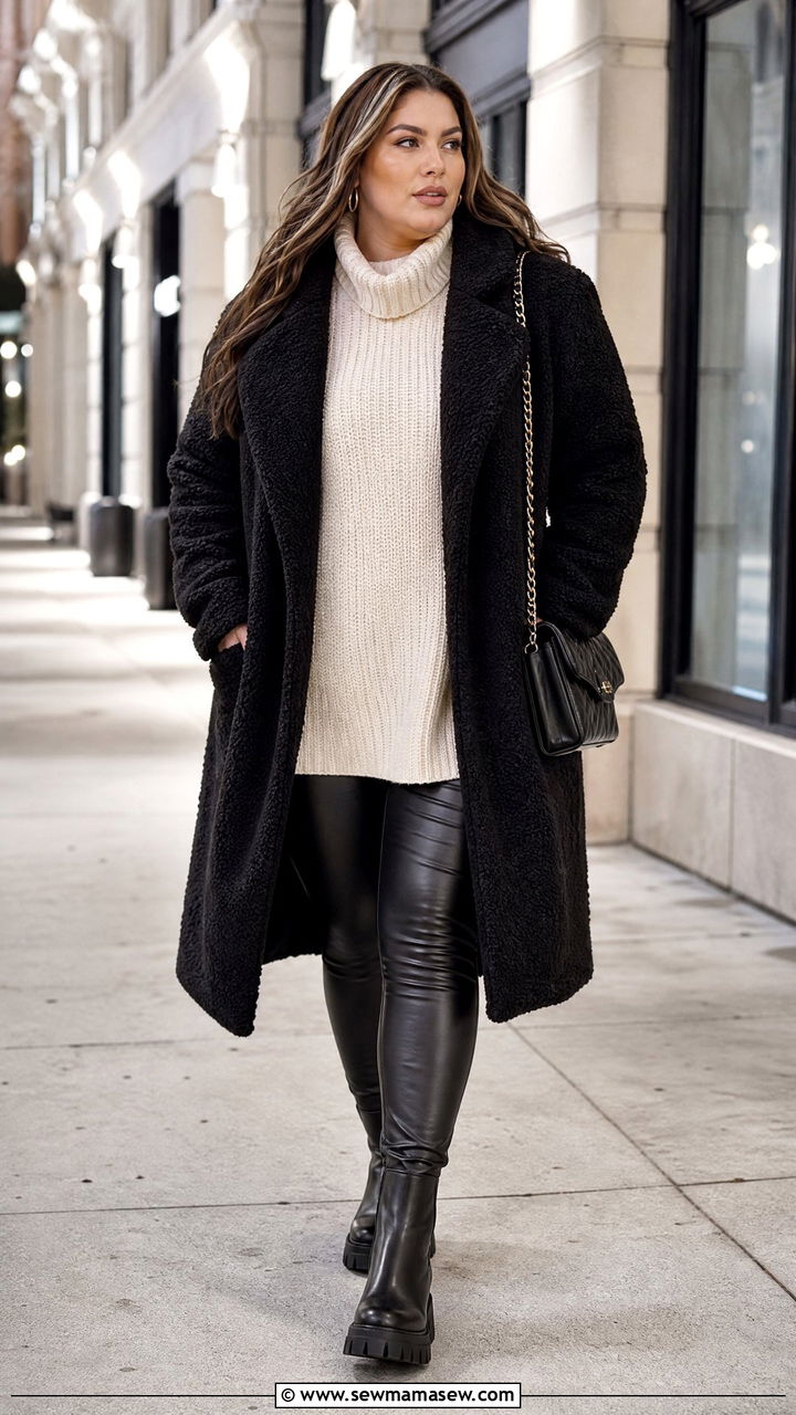 Plus Size Teddy Coat With Faux Leather Leggings - 20 plus size teddy coat outfit ideas