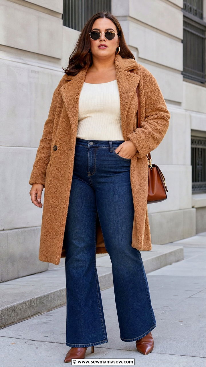 Plus Size Teddy Coat With Flare Jeans - 20 plus size teddy coat outfit ideas