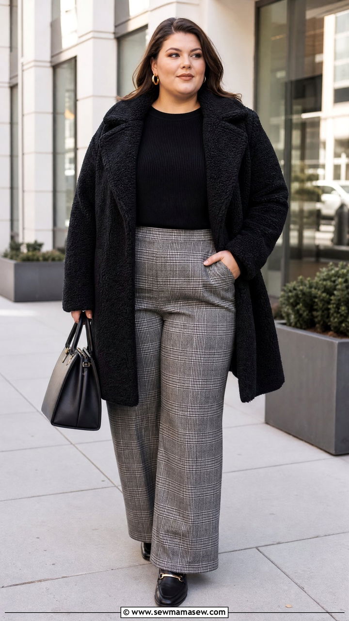Plus Size Teddy Coat With Plaid Pants - 20 plus size teddy coat outfit ideas