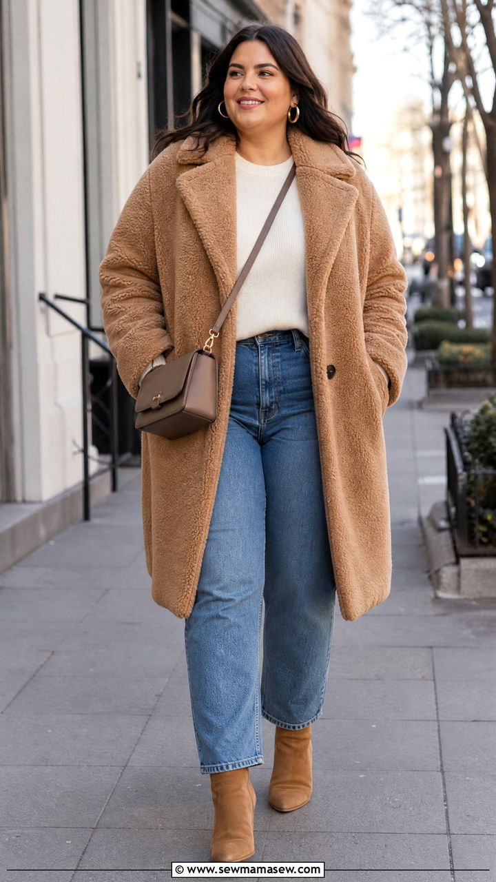 Plus Size Teddy Coat With Straight Leg Jeans - 20 plus size teddy coat outfit ideas