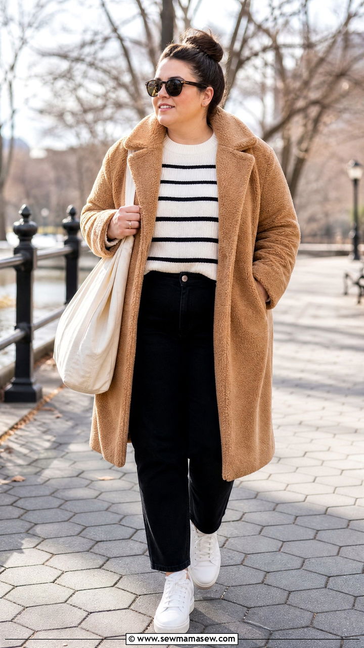 Plus Size Teddy Coat With White Sneakers - 20 plus size teddy coat outfit ideas