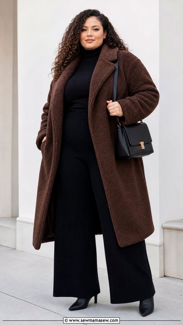 Plus Size Teddy Coat With Wide Leg Pants - 20 plus size teddy coat outfit ideas