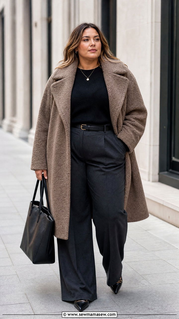 Plus Size Teddy Coat With Work Trousers - 20 plus size teddy coat outfit ideas