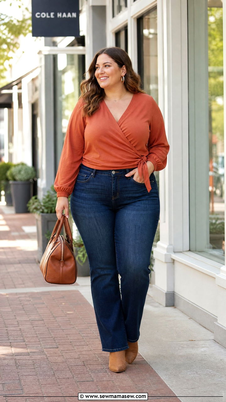 Plus Size Terracotta Top And Denim Outfit - 20 plus size earth tone outfit ideas