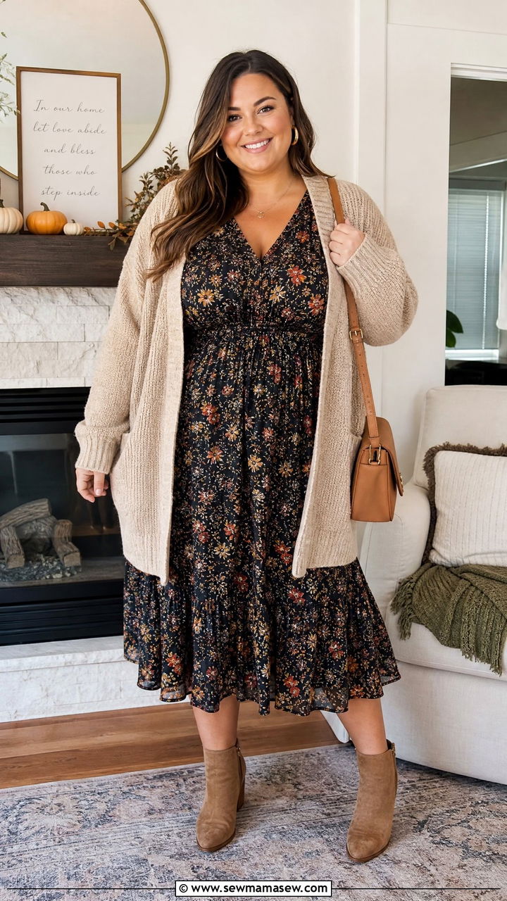 Plus Size Thanksgiving Cardigan And Dress Outfit - 20 plus size thanksgiving outfit ideas