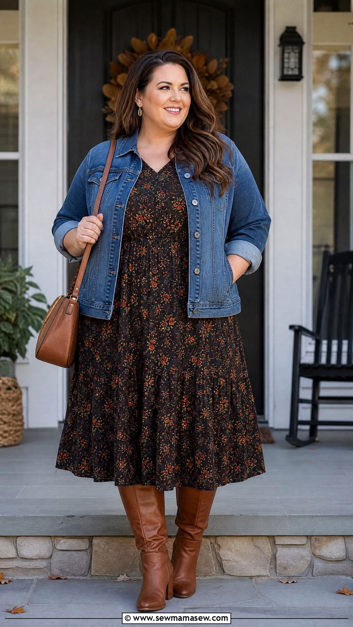 Plus Size Thanksgiving Denim Jacket And Midi Dress Outfit - 20 plus size thanksgiving outfit ideas casual
