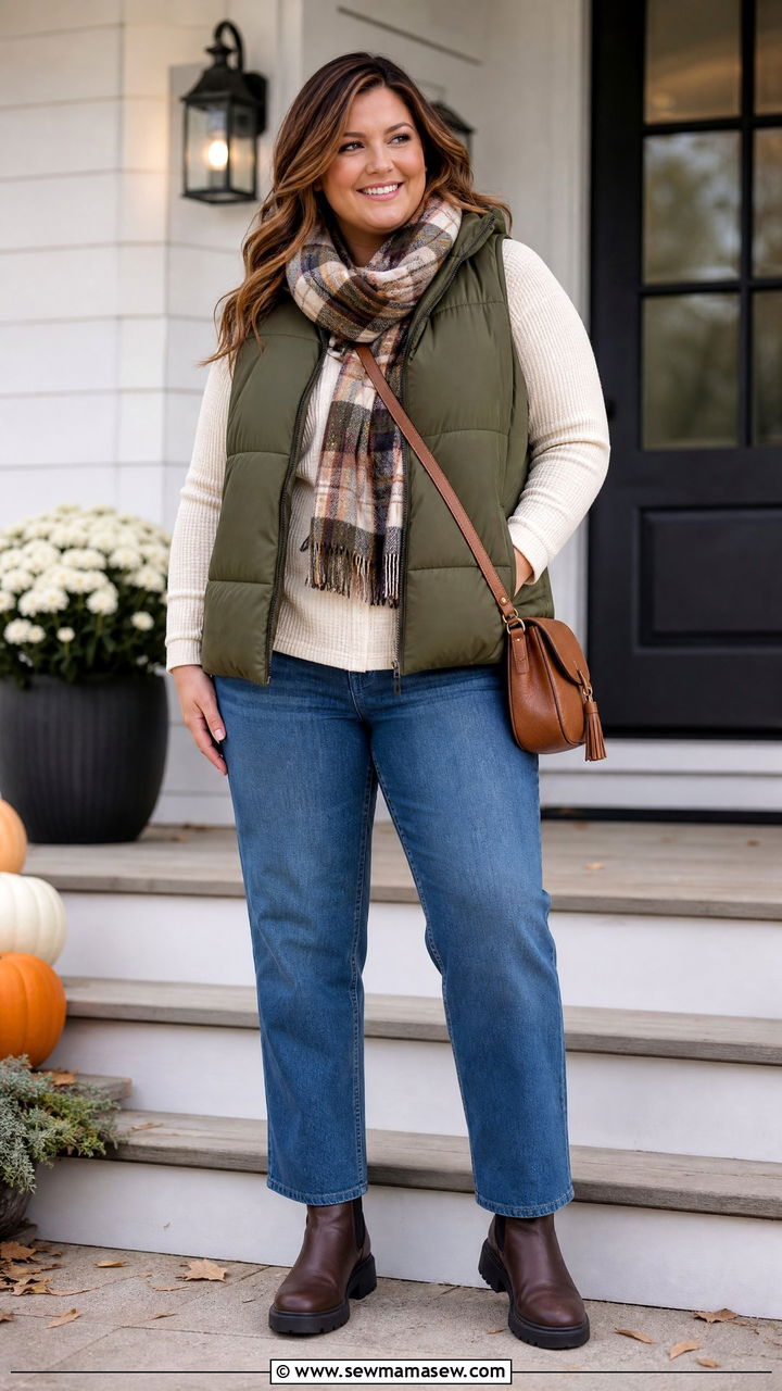 Plus Size Thanksgiving Puffer Vest And Jeans Outfit - 20 plus size thanksgiving outfit ideas casual