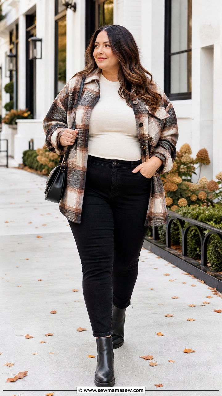 Plus Size Thanksgiving Shacket And Black Jeans Outfit - 20 plus size thanksgiving outfit ideas casual
