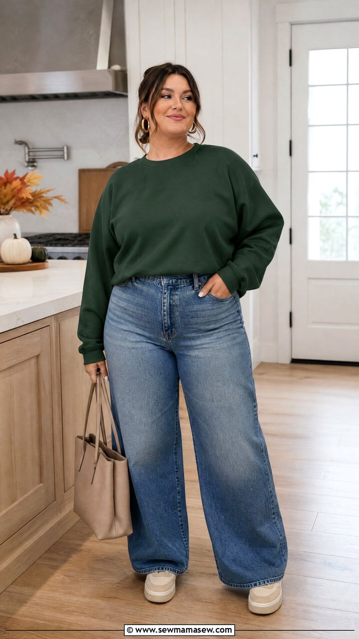 Plus Size Thanksgiving Sweatshirt And Wide Leg Jeans Outfit - 20 plus size thanksgiving outfit ideas casual