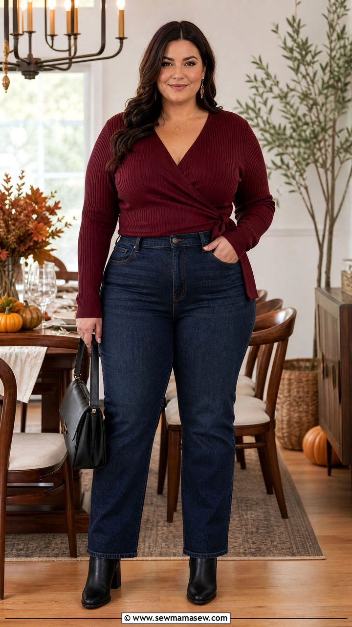 Plus Size Thanksgiving Wrap Top And Jeans Outfit - 20 plus size thanksgiving outfit ideas casual