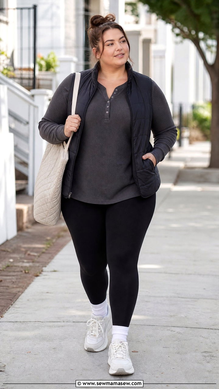 Plus Size Thermal Henley Top With Black Leggings - 20 plus size henley top outfit ideas