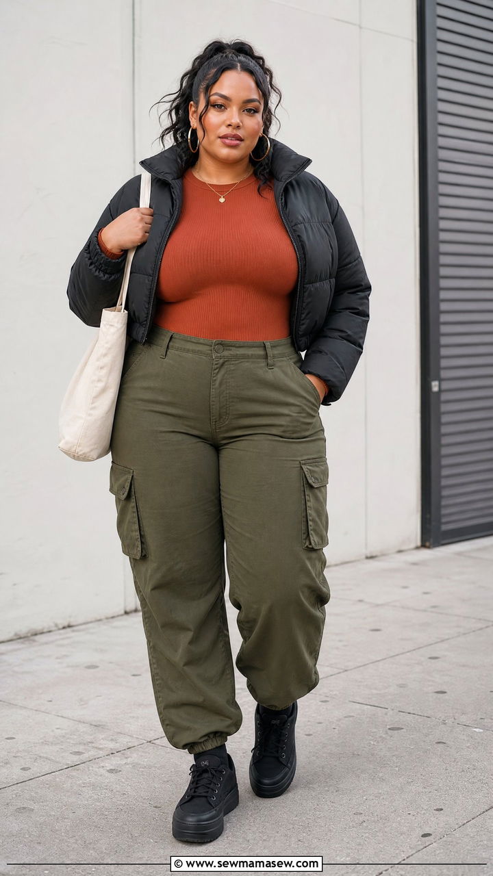 Plus Size Thermal Top With Cargo Pants - 20 plus size thermal top outfit ideas