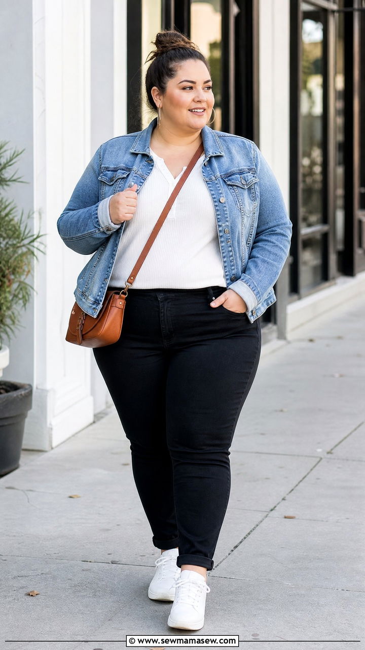Plus Size Thermal Top With Denim Jacket - 20 plus size thermal top outfit ideas