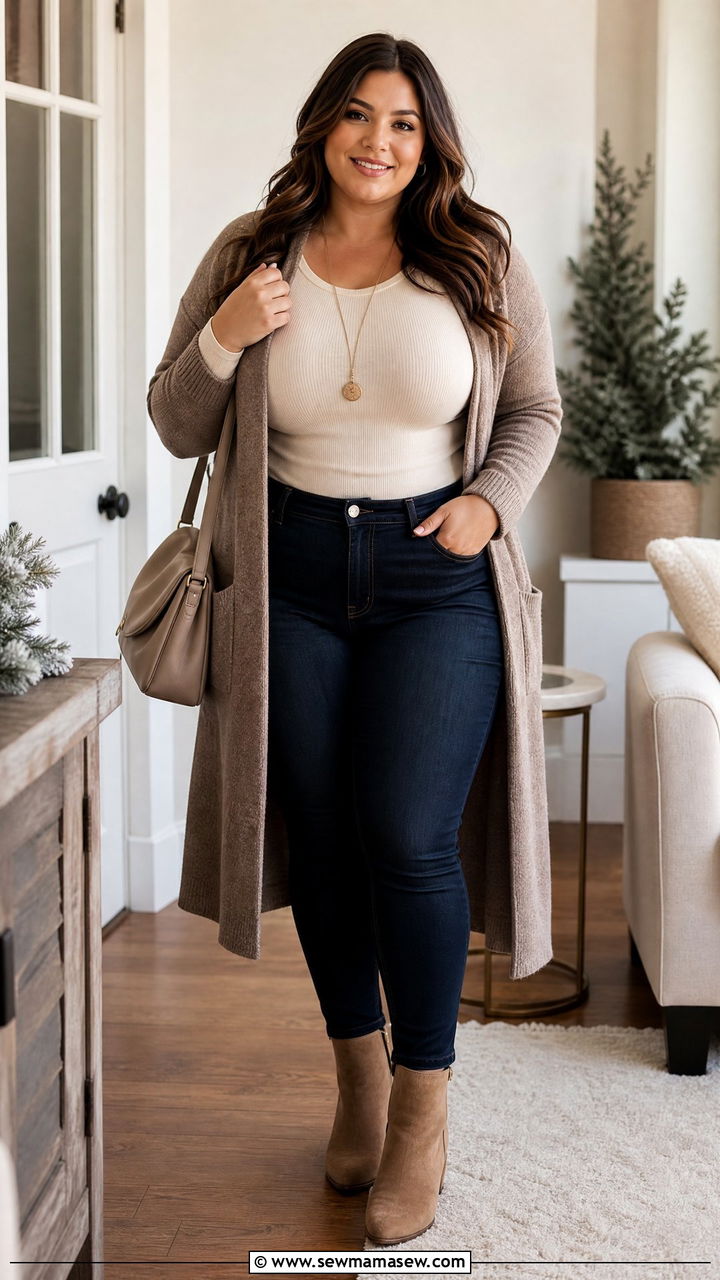Plus Size Thermal Top With Long Cardigan - 20 plus size thermal top outfit ideas