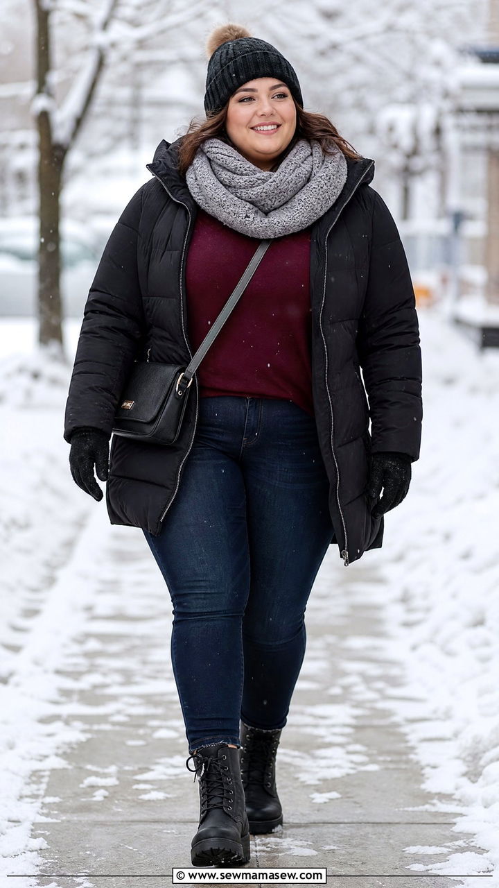 Plus Size Thermal Top With Puffer Jacket - 20 plus size thermal top outfit ideas