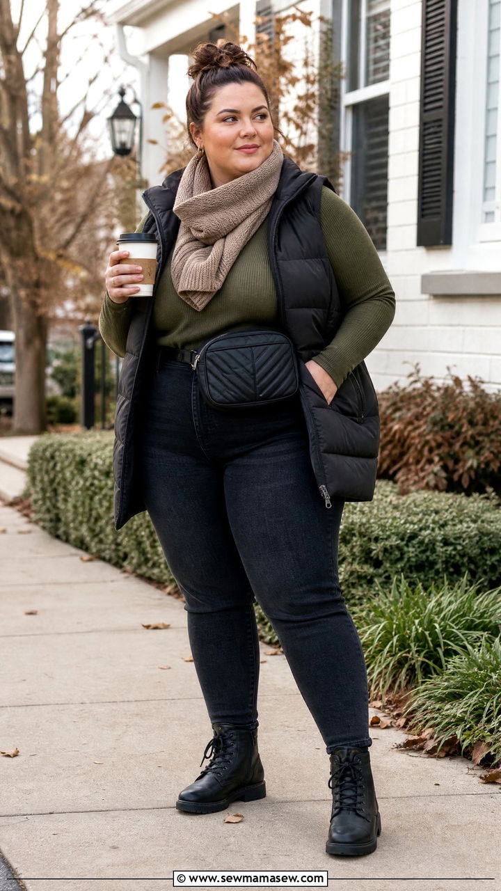 Plus Size Thermal Top With Puffer Vest - 20 plus size thermal top outfit ideas