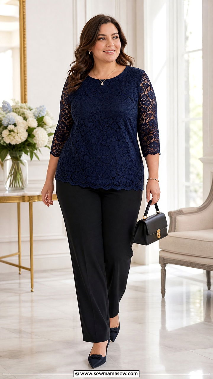 Plus Size Three Quarter Sleeve Lace Top With Dress Pants - 20 plus size three quarter sleeve top outfit ideas