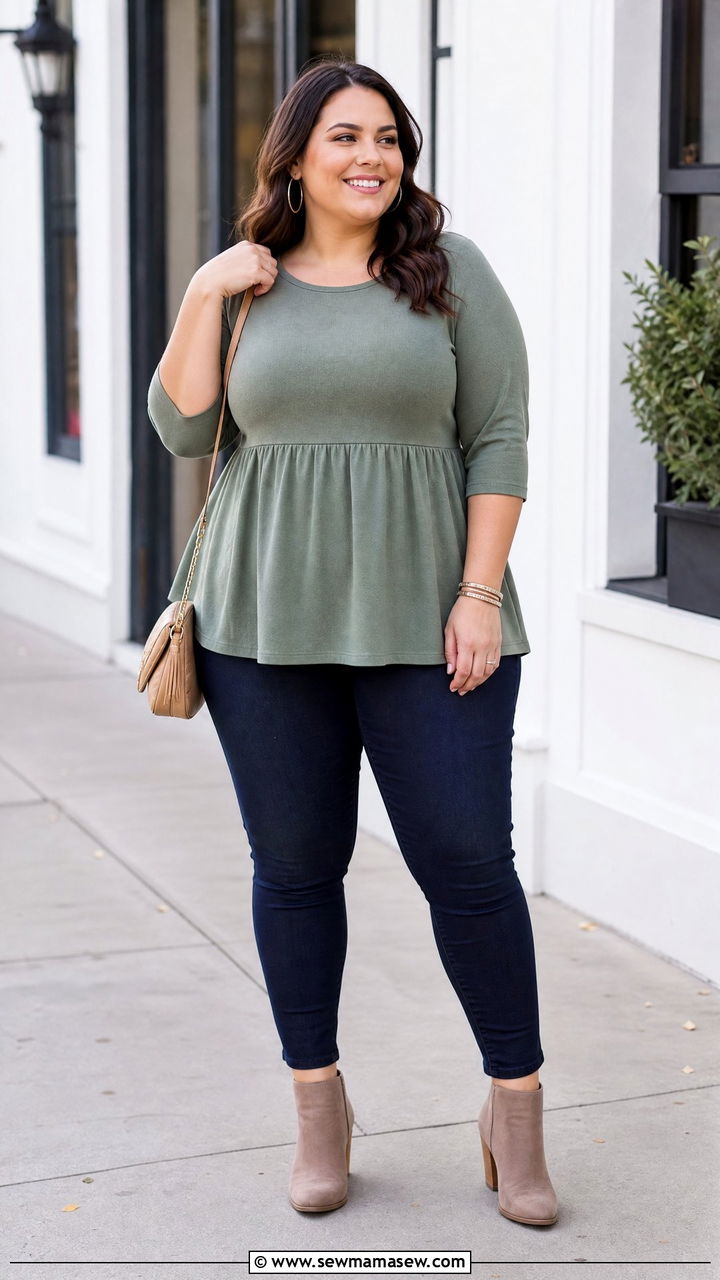 Plus Size Three Quarter Sleeve Peplum Top With Skinny Jeans - 20 plus size three quarter sleeve top outfit ideas
