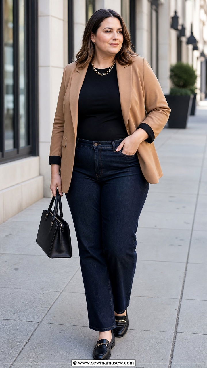 Plus Size Three Quarter Sleeve Top With Blazer And Jeans - 20 plus size three quarter sleeve top outfit ideas