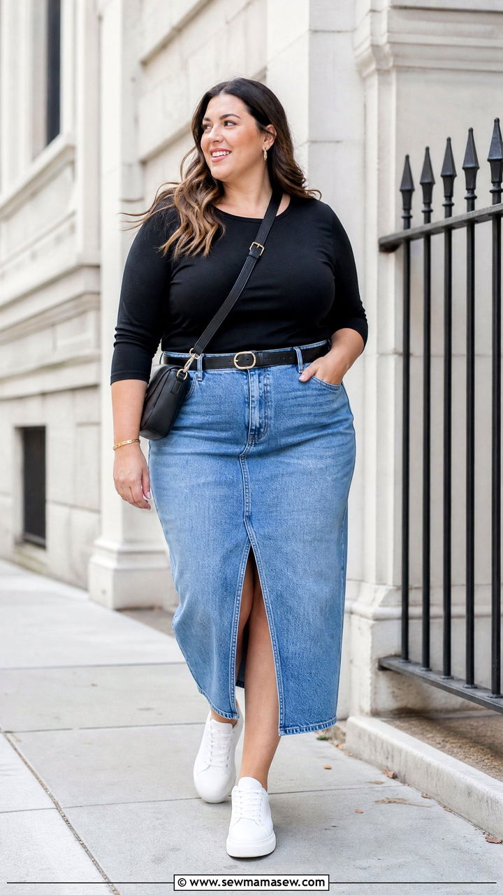 Plus Size Three Quarter Sleeve Top With Denim Skirt - 20 plus size three quarter sleeve top outfit ideas