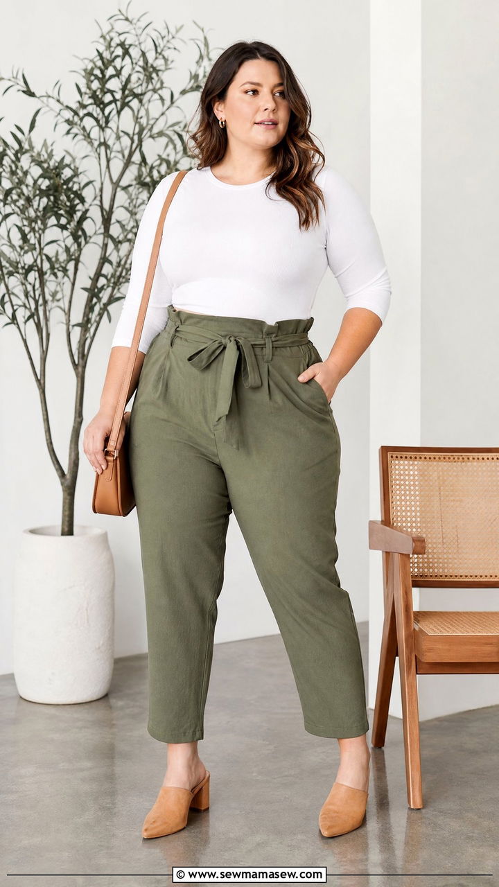 Plus Size Three Quarter Sleeve Top With Paperbag Waist Pants - 20 plus size three quarter sleeve top outfit ideas