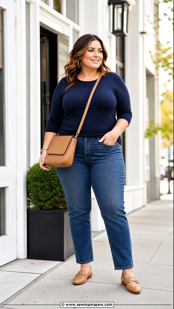 Plus Size Three Quarter Sleeve Top With Straight Leg Jeans - 20 plus size three quarter sleeve top outfit ideas