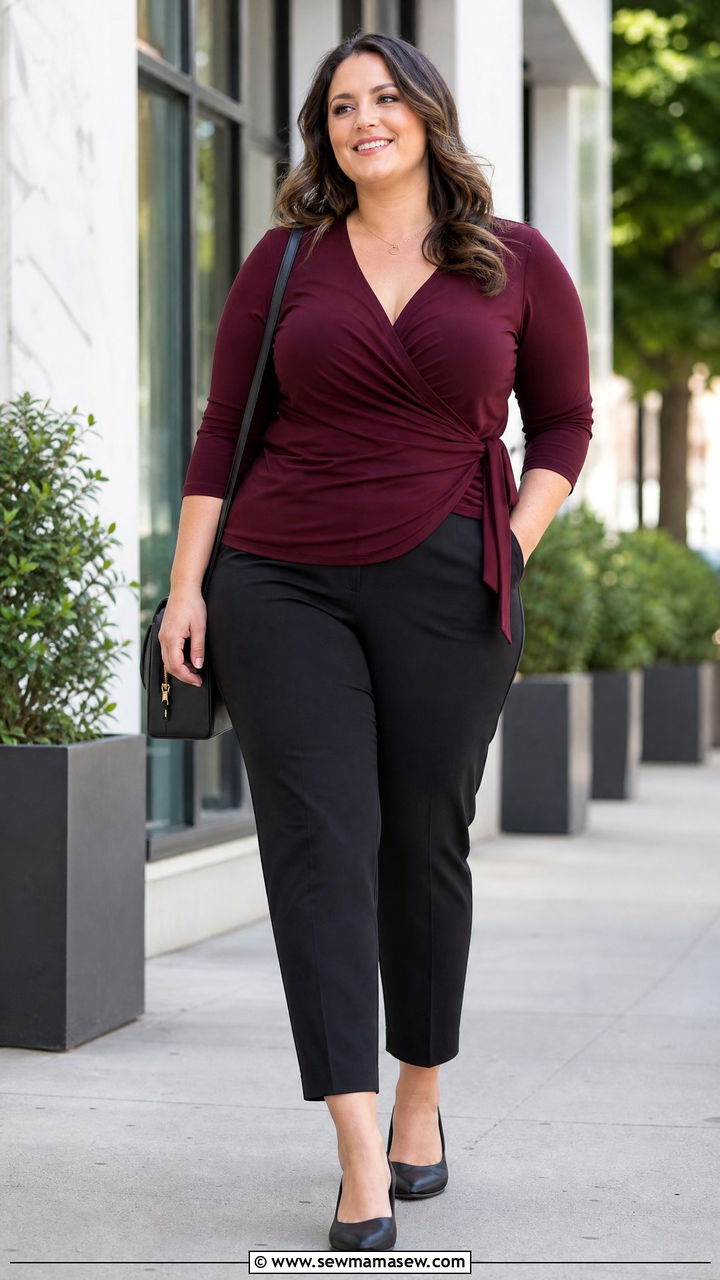 Plus Size Three Quarter Sleeve Wrap Top With Black Pants - 20 plus size three quarter sleeve top outfit ideas