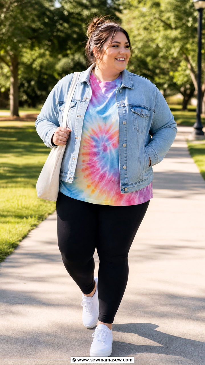 Plus Size Tie Dye Top With Denim Jacket - 20 plus size tie dye top outfit ideas