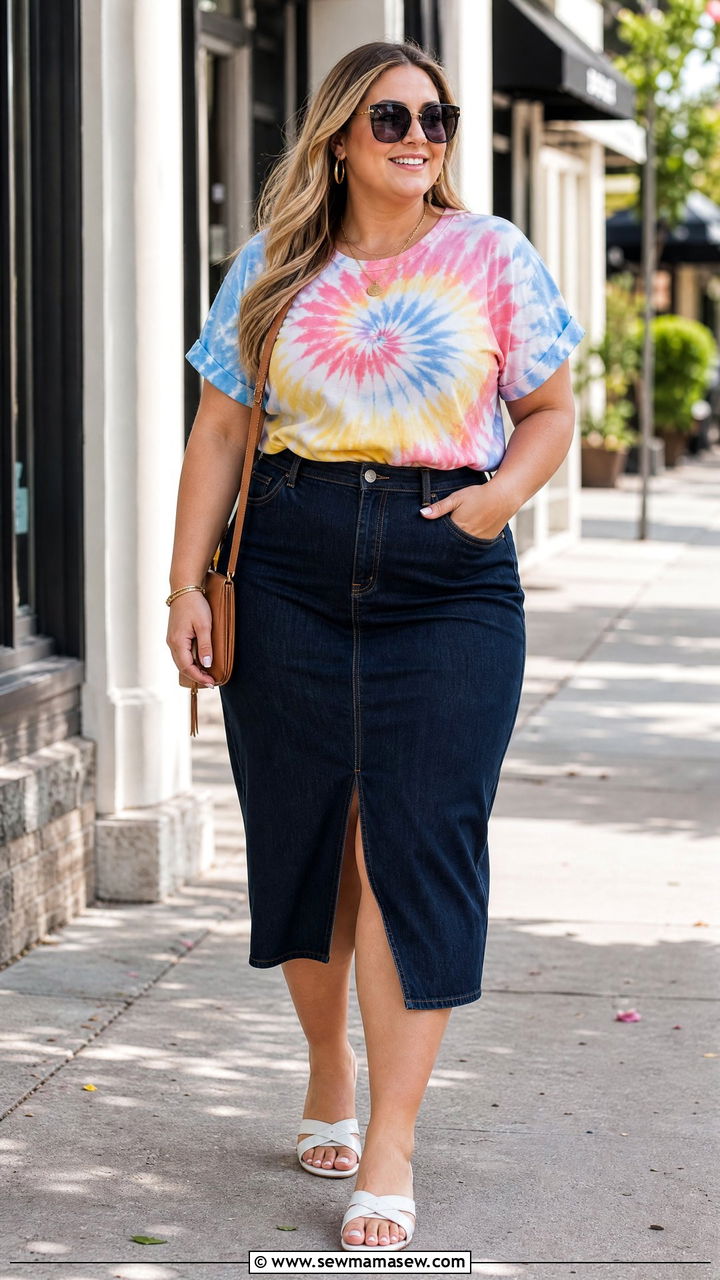 Plus Size Tie Dye Top With Denim Skirt - 20 plus size tie dye top outfit ideas