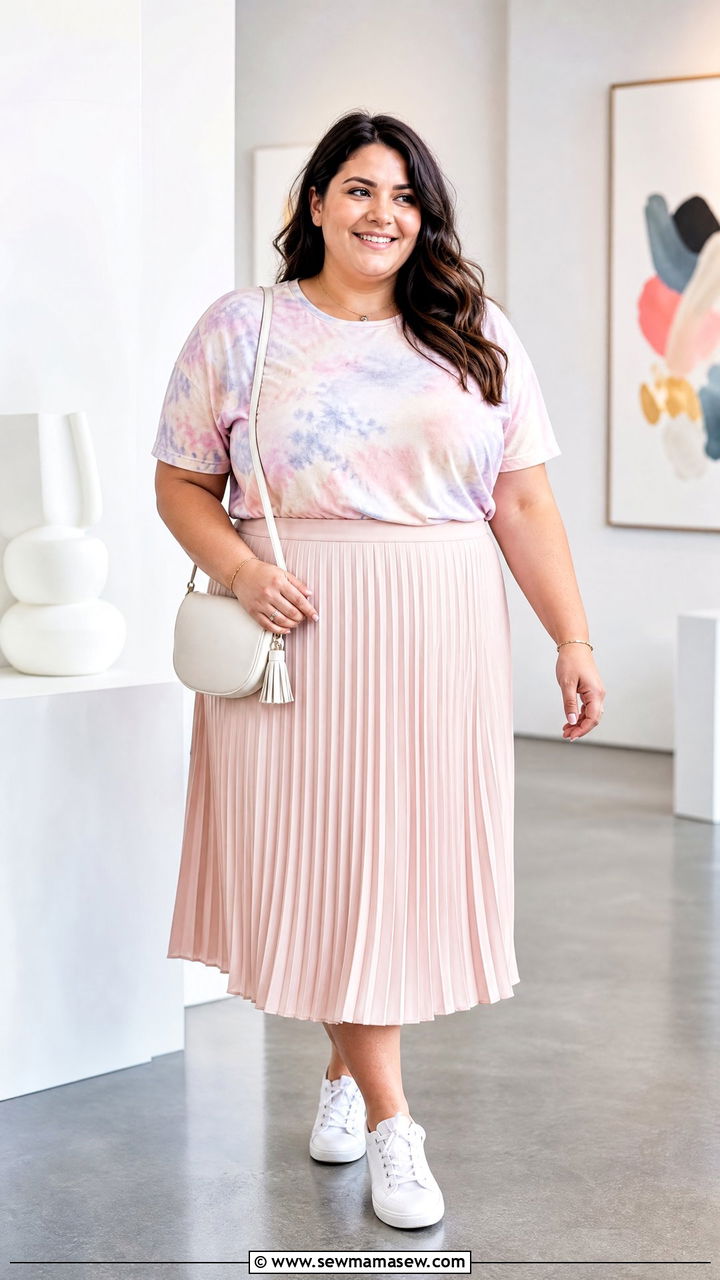 Plus Size Tie Dye Top With Pleated Skirt - 20 plus size tie dye top outfit ideas