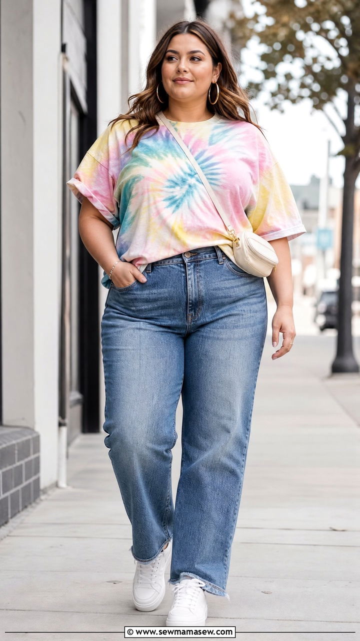 Plus Size Tie Dye Top With Straight Leg Jeans - 20 plus size tie dye top outfit ideas