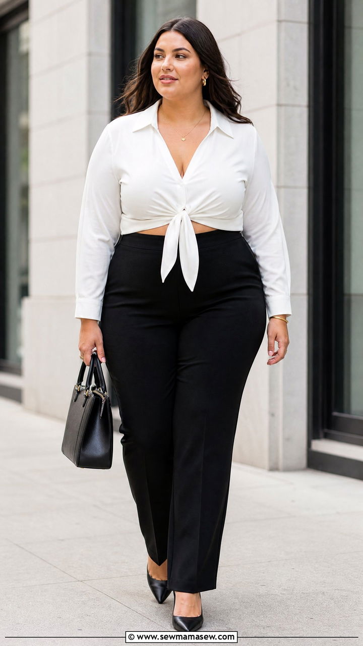 Plus Size Tie Front Top With Black Trousers - 20 plus size tie front top outfit ideas