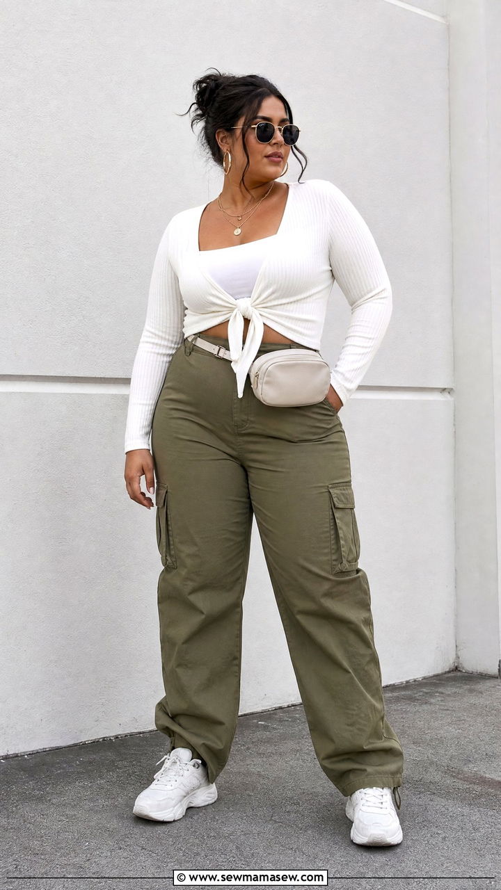Plus Size Tie Front Top With Cargo Pants - 20 plus size tie front top outfit ideas