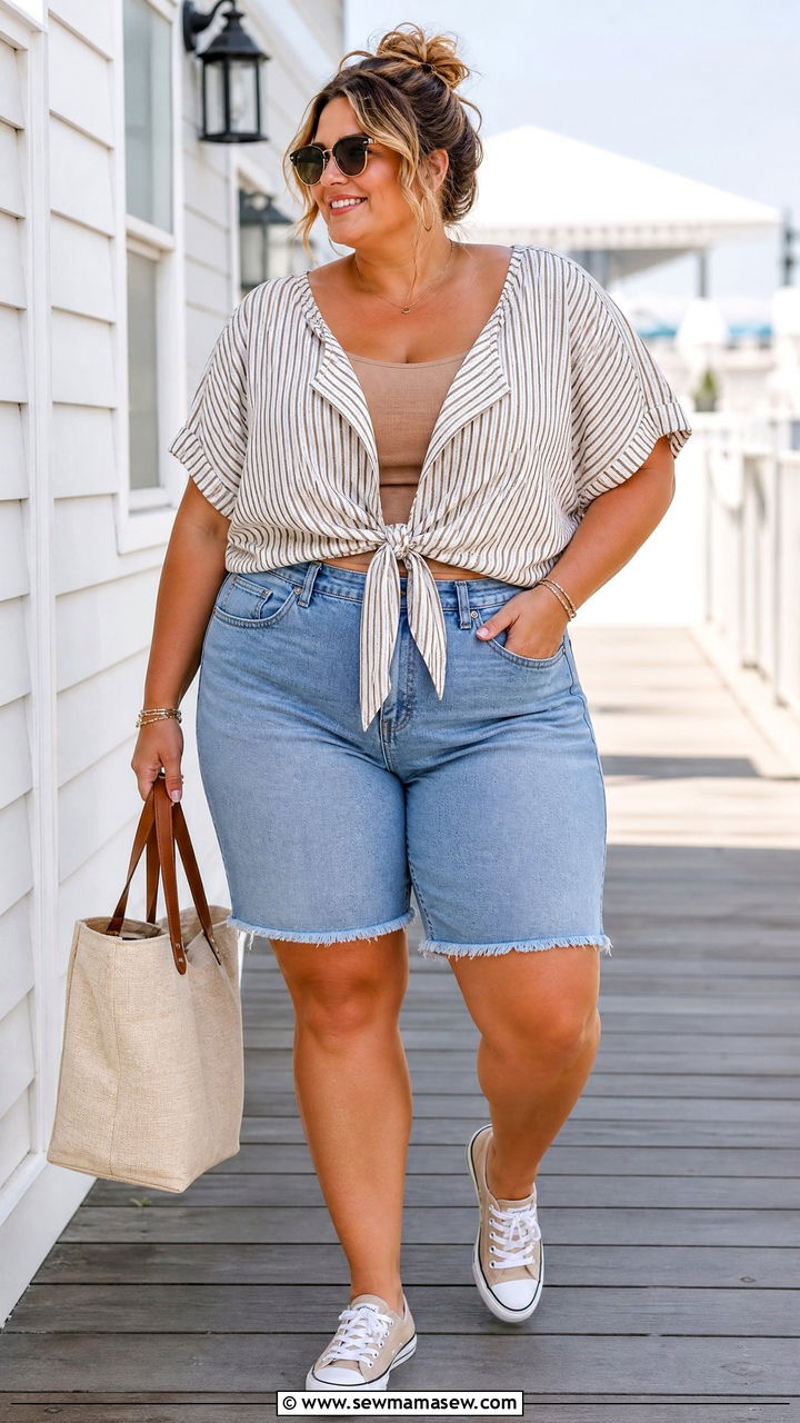 Plus Size Tie Front Top With Denim Shorts - 20 plus size tie front top outfit ideas