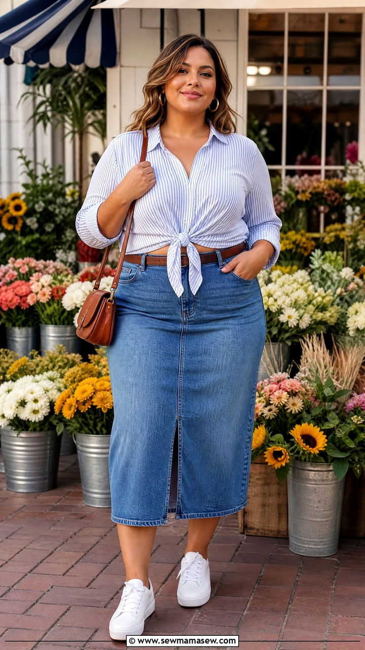 Plus Size Tie Front Top With Denim Skirt - 20 plus size tie front top outfit ideas