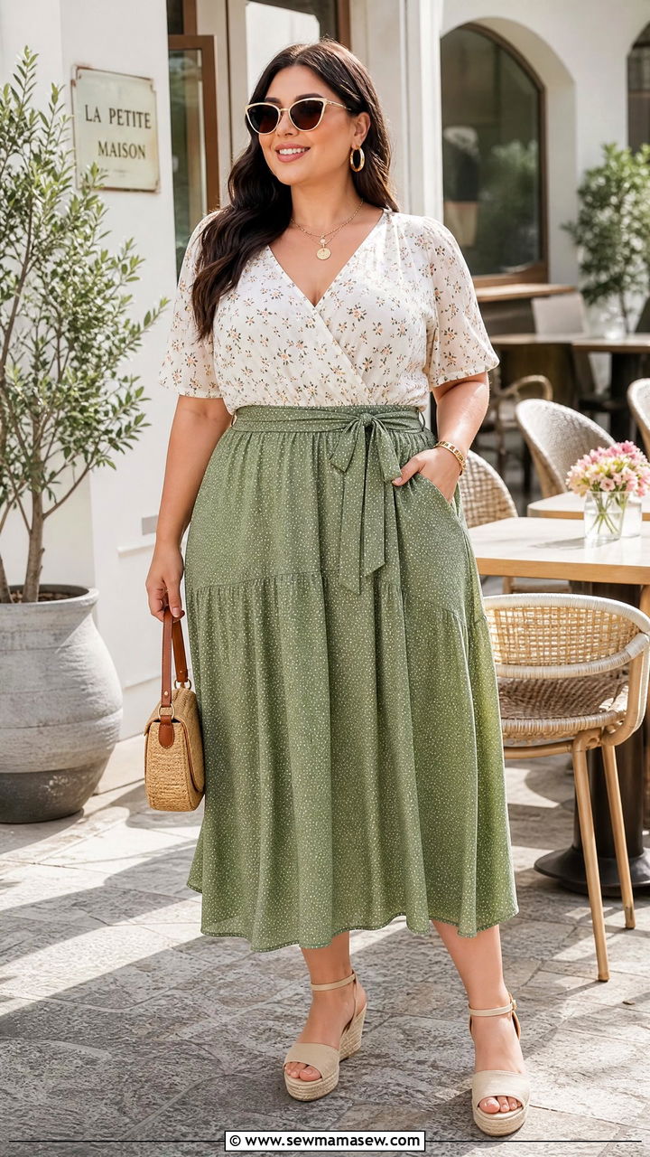 Plus Size Tie Front Top With High Waist Skirt - 20 plus size summer top outfit ideas