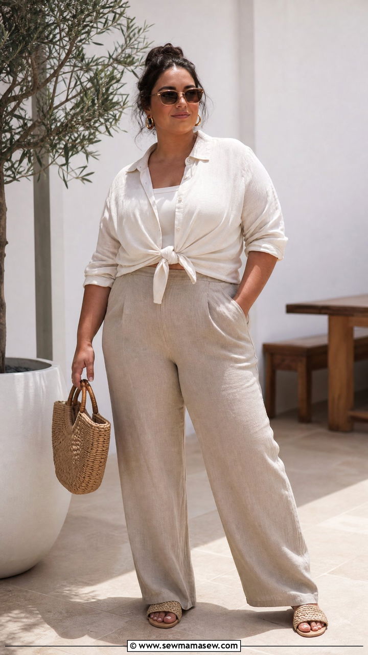 Plus Size Tie Front Top With Linen Pants - 20 plus size tie front top outfit ideas