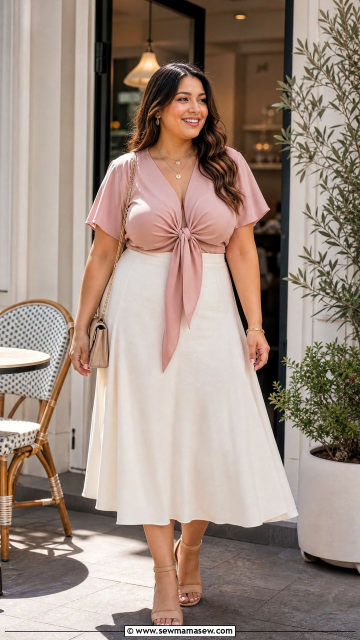 Plus Size Tie Front Top With Midi Skirt - 20 plus size tie front top outfit ideas
