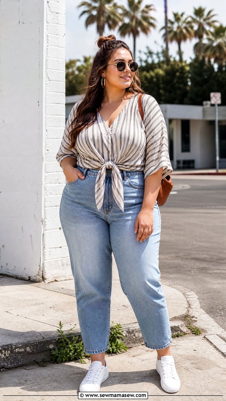 Plus Size Tie Front Top With Mom Jeans - 20 plus size tops for big bust outfit ideas